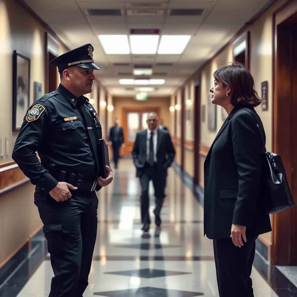 Law enforcement officer consulting with legal counsel